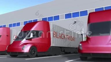现代半挂车卡车与黑色星期五文本装载或卸载在仓库。 循环三维动画